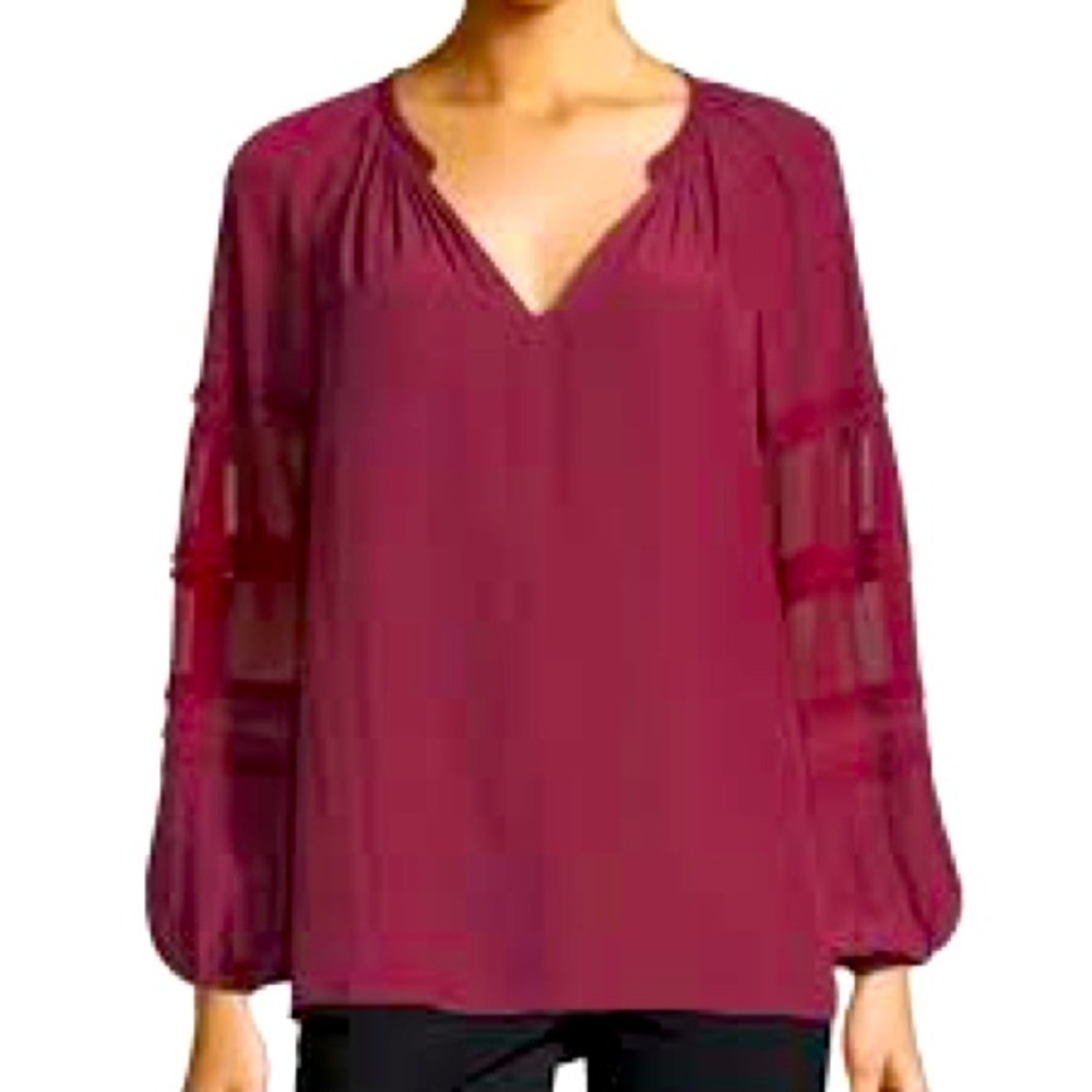 Ramy Brook Rae V-Neck Sheer Long-Sleeve Blouse Wine -Size Large